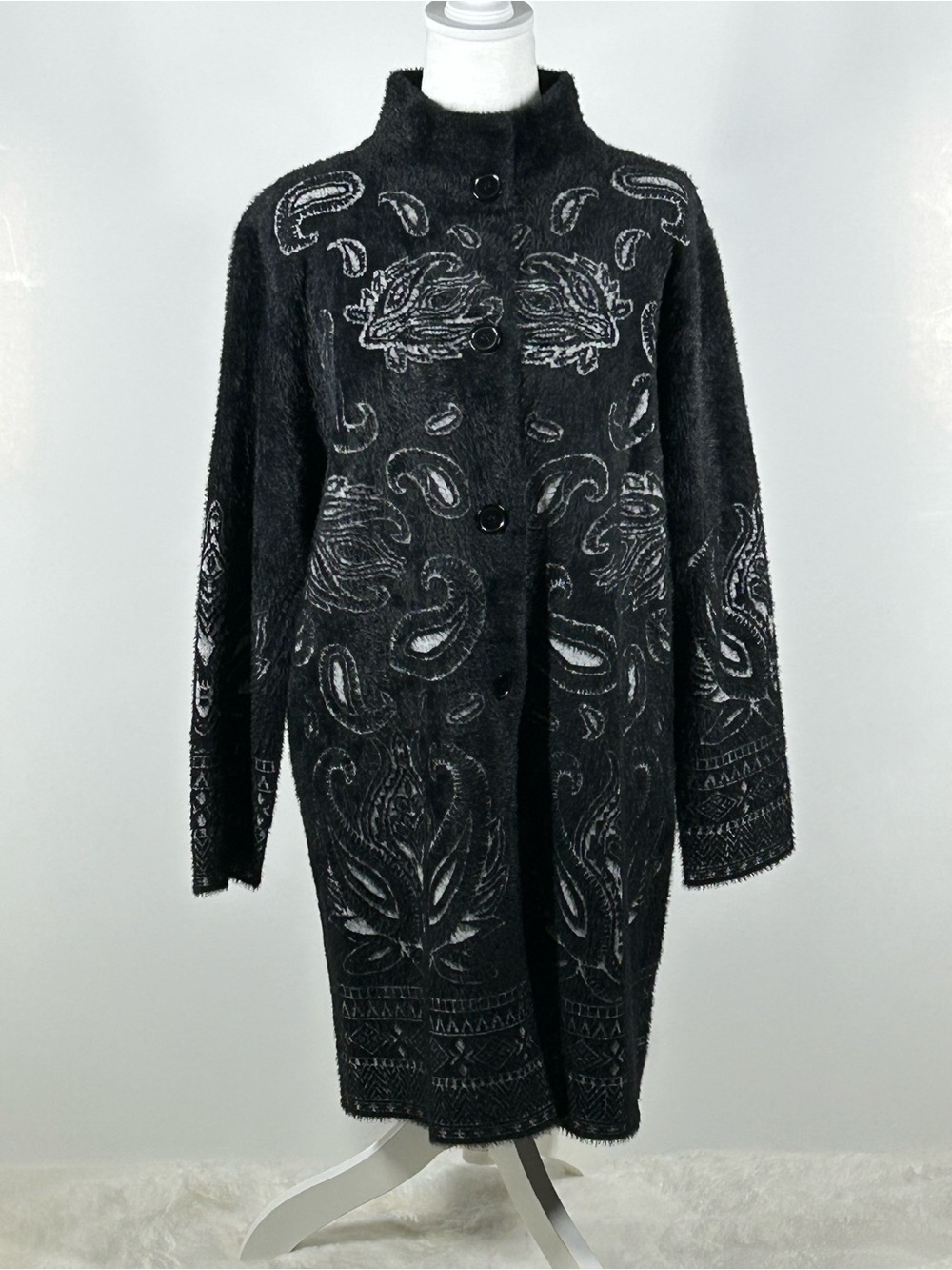 Andrea Jovine Vintage Fuzzy Paisley Duster Cardigan Jacket Black Whimsigoth L